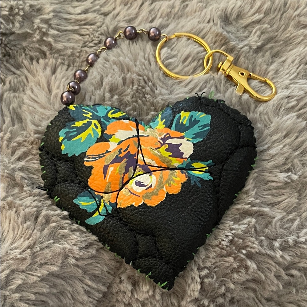 HOMEMADE Floral Heart Keychain Charm - Black with Orange & Teal Flowers
